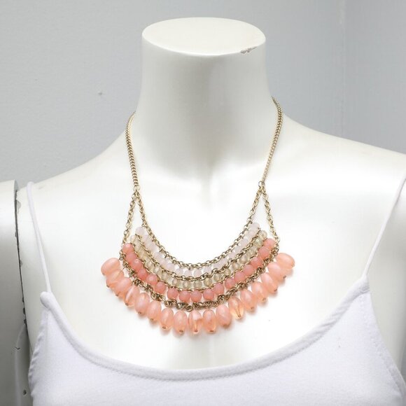 Layered Bib Statement Necklace Dangle Beaded Pink Coral Gold Iridescent Party - Picture 3 of 7